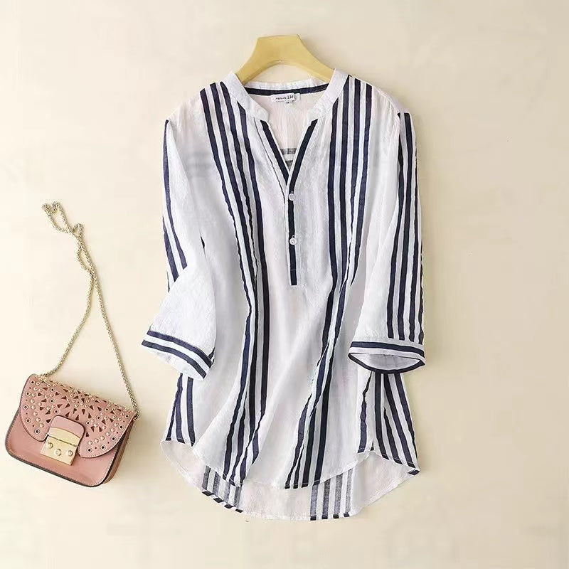 Oversized Striped Cotton Short Sleeve Shirt Top Blue