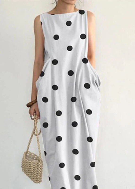 Colorblocked Polka Dot Print Pocket Long Sleeveless Dress