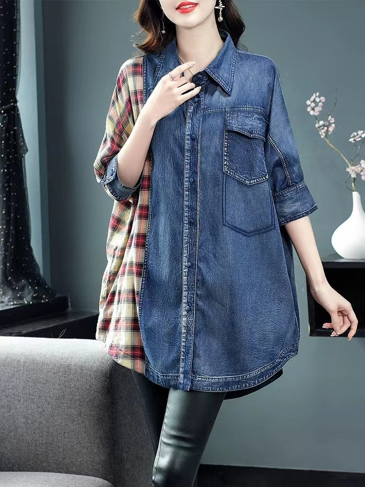 Fashion Patchwork Lapel Cardigan Short Sleeve Denim Top