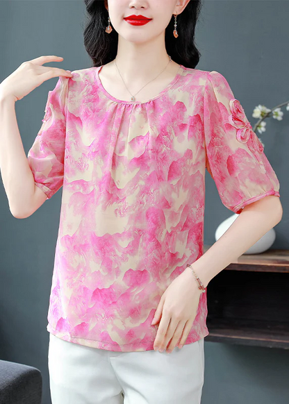 Round Neck Printed Chiffon Shirt Short Sleeve Top