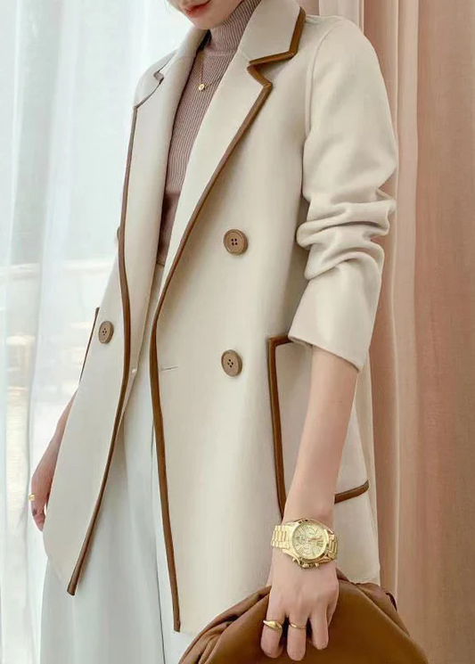 Women's Beige Pan Collar Double Breasted Tweed Coat