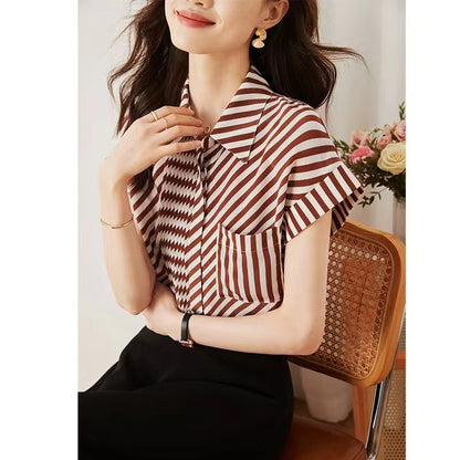 Loose Asymmetrical Color-Crossing Striped Shirt Top