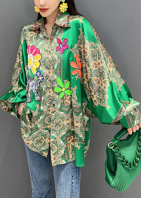 Fashion Green Nail Bead Print Patchwork Silk Blouse Batwing Sleeve Top