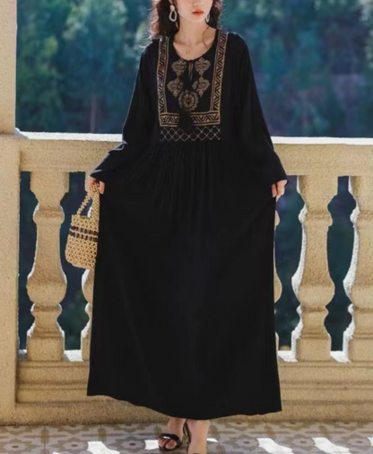 Bohemian Tie Embroidery Long Sleeve Long Dress