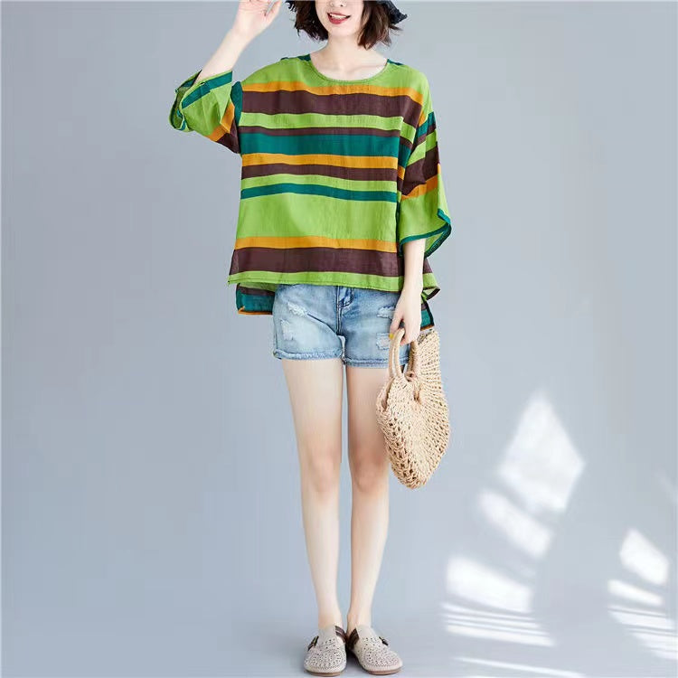 Casual Printed Clashing Stripe Cotton Linen Round Neck T Shirt Top