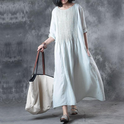 Loose Solid Color Fold Over Pockets White Round Neck Cotton Linen Dress