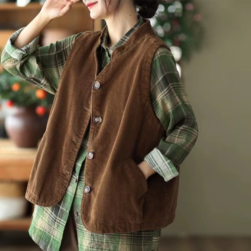 Collar Button Pocket Corduroy Vest Top