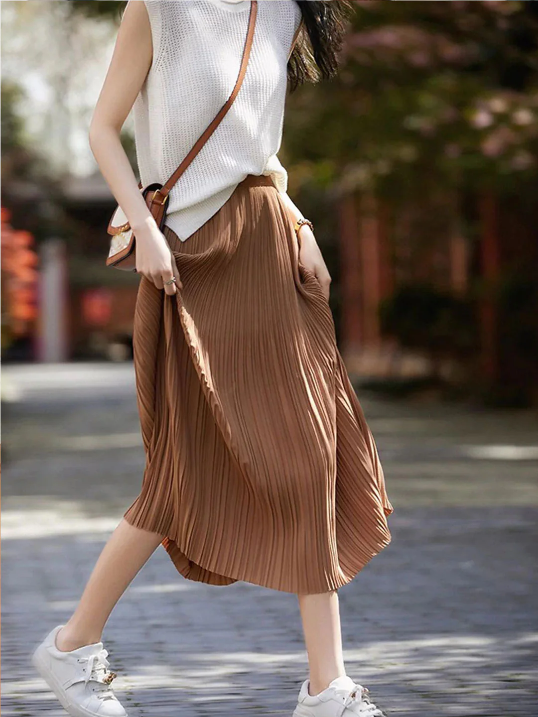 Elegant Patchwork Long Pleated Skirt