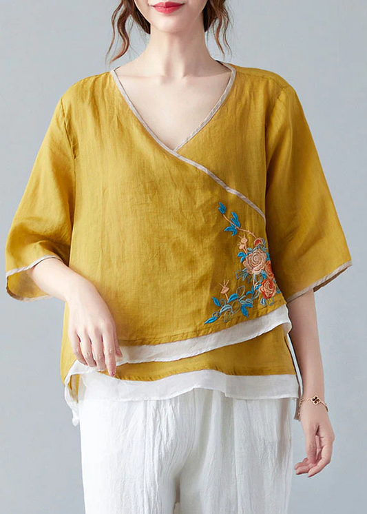 Italian Colorblock Yellow V-Neck Asymmetric Short Sleeve Shirt Spring