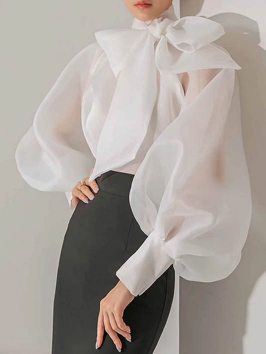 Women's Elegant Bow Standing Collar Lantern Sleeve Blouse