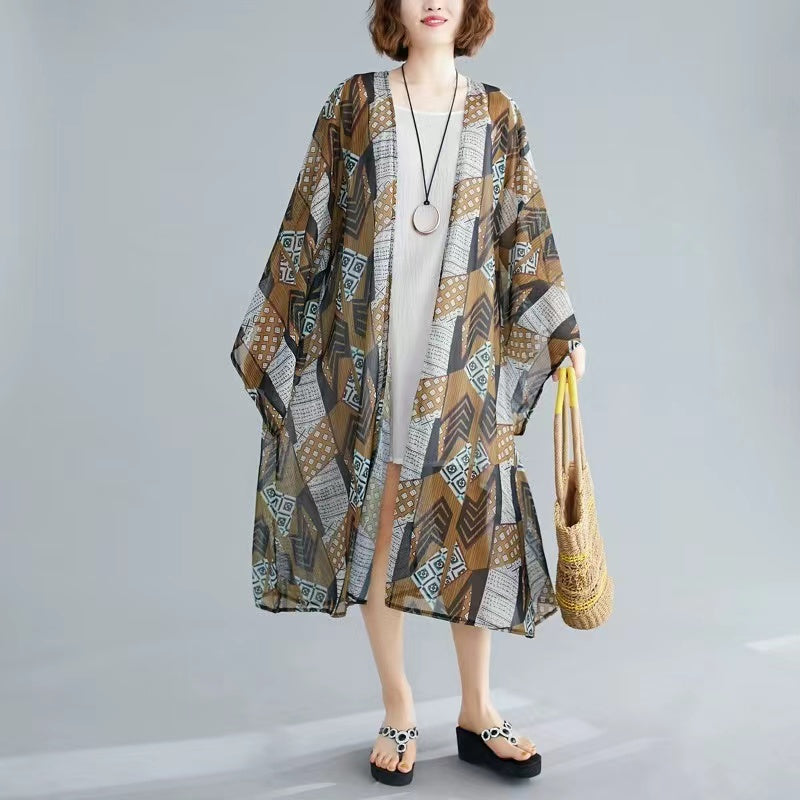 Plus Size Printed Beach Sun Screen Long Cardigan Jacket