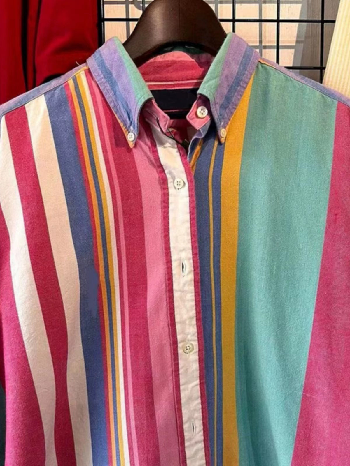 Loose Retro Lapel Colourful Striped Long Sleeve Shirt Top