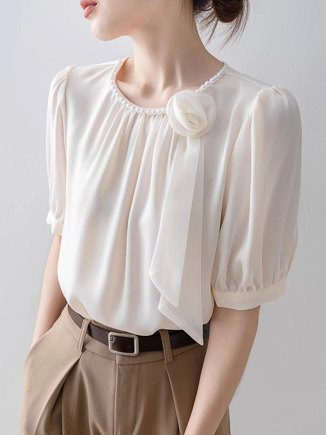 Elegant Round Neck Beaded Rose Short Sleeve Blouse Top