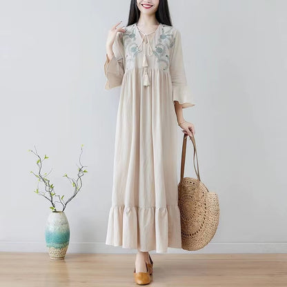 V-neck strappy embroidered crushed pleat long dress