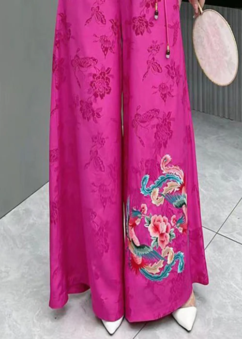 Elegant Embroidery High Waist Pocket Patchwork Silk Wide Leg Pants