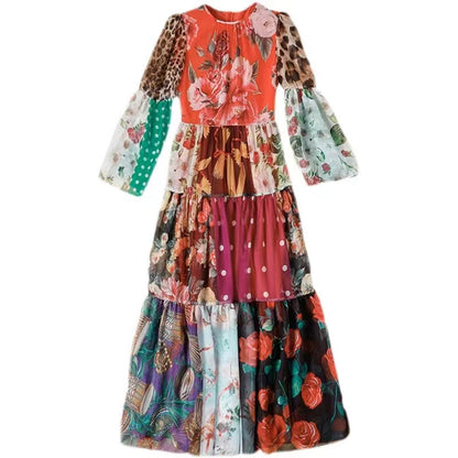 Elegant Printed Patchwork Flowing Hem Dress