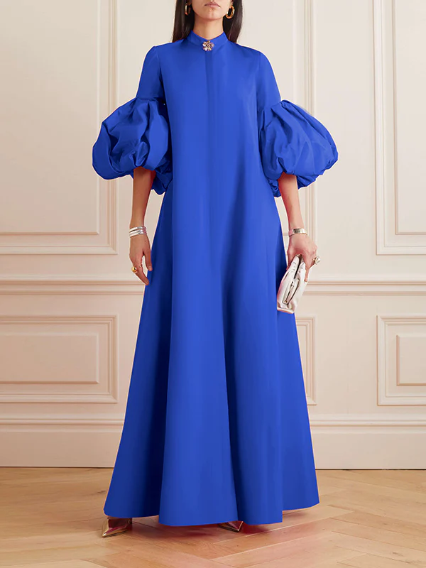 French Elegant Solid Colour Stand Collar Lantern Sleeve Long Dress