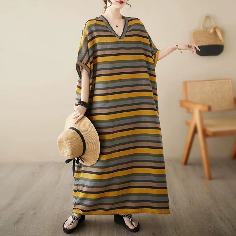 Loose V-Neck Striped Short Sleeve Beach Length Dress