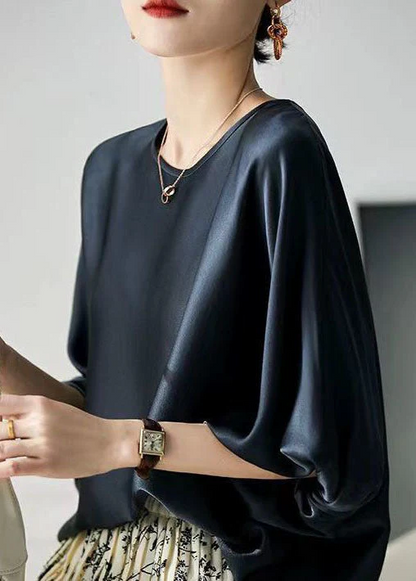 Women's Round Neck Oversized Slip Cover Silk Top Batwing Sleeve Summer