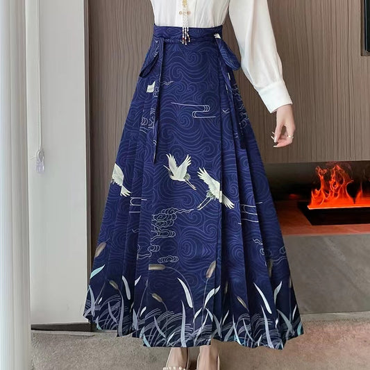 Women's Vintage Blue Pleated Printed Skirt