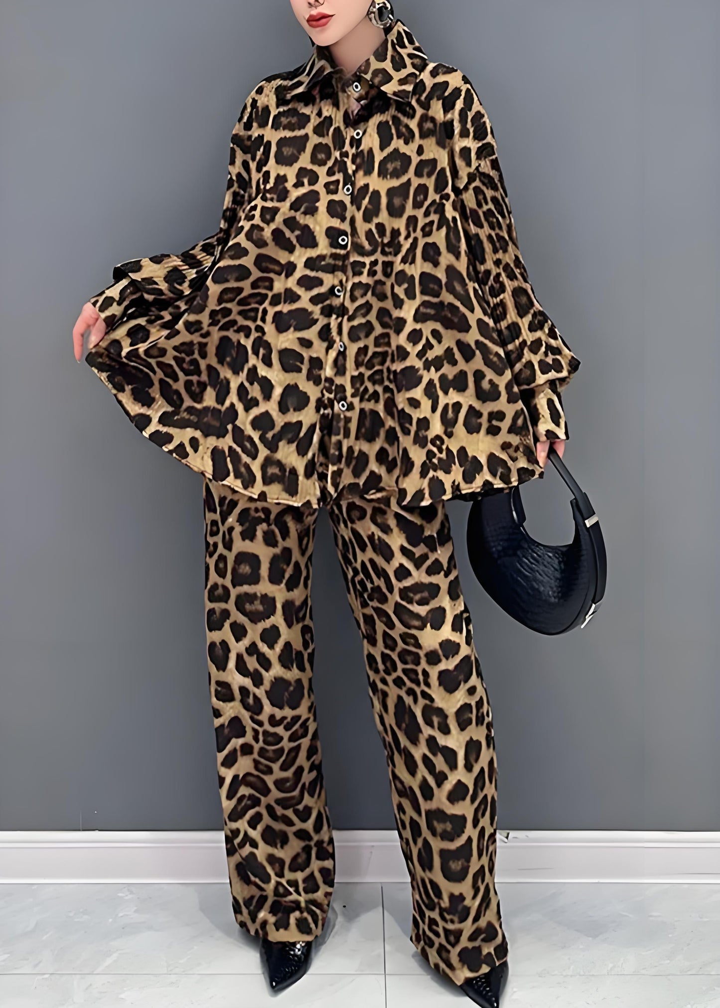 Italian Leopard Print Peter Pan Collar Shirt and Pants Two-Piece Set Long Sleeve