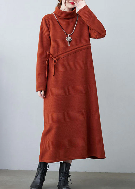 Elegant High Neck Drawstring Knit Loose Dress