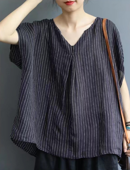 Women's Striped Linen V-Neck Shirt Top