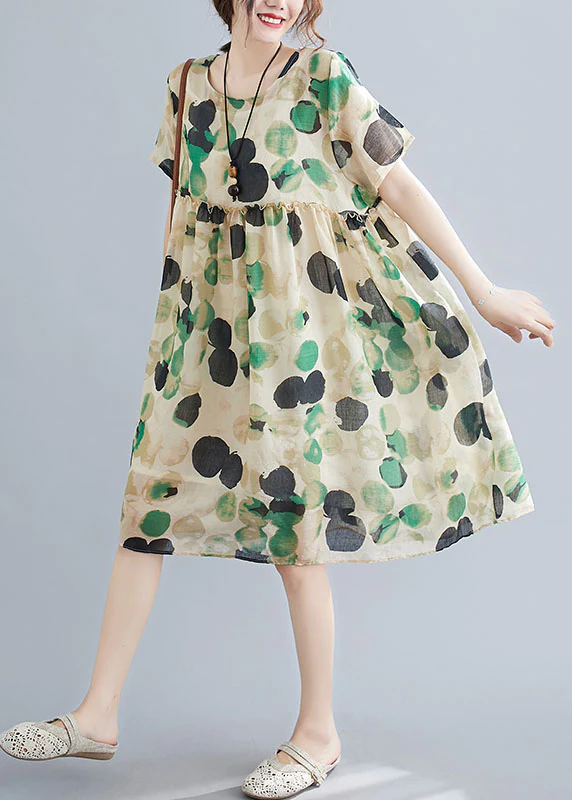 French Dot Print Linen Short Sleeve Dress