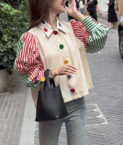 French Lapel Colorblocked Striped Shirt Top