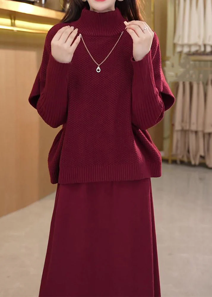 Two-piece winter set with turtleneck knit top and wide-leg pants