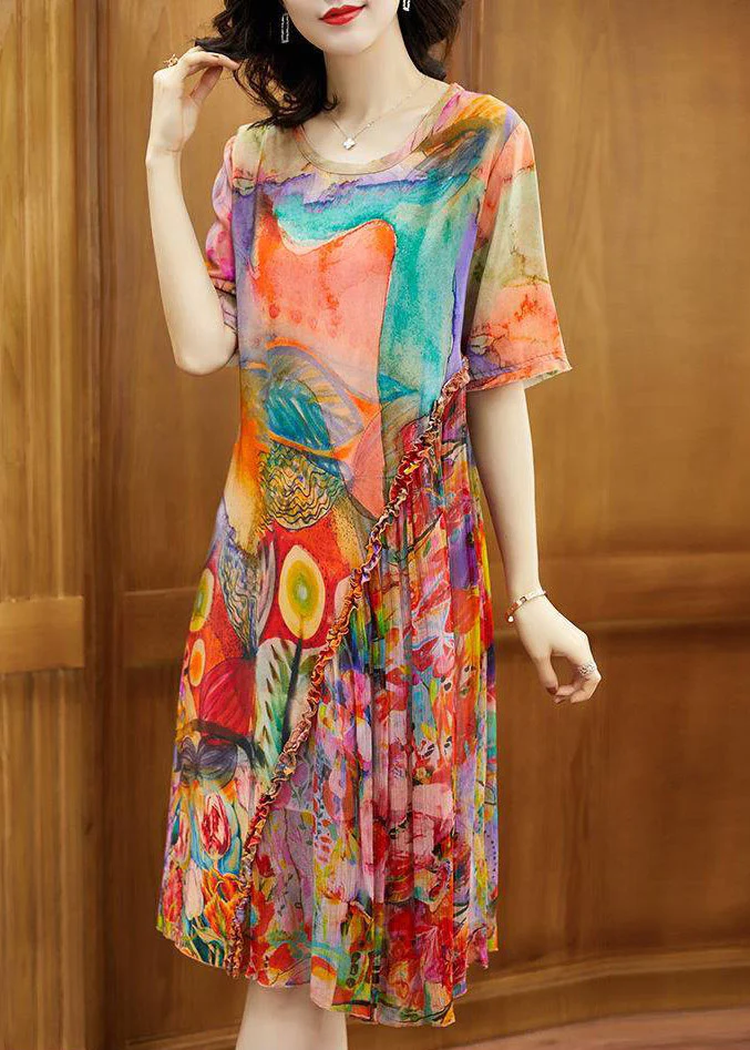 Elegant Round Neck Printed Asymmetric Short Sleeve Silk Long Dress