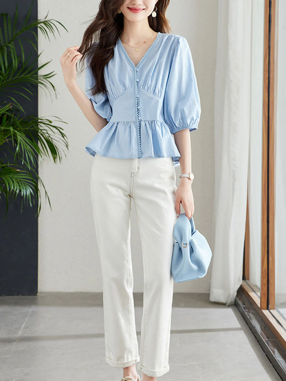 Elegant V-Neck Lantern Short Sleeve Cotton Blouse Top