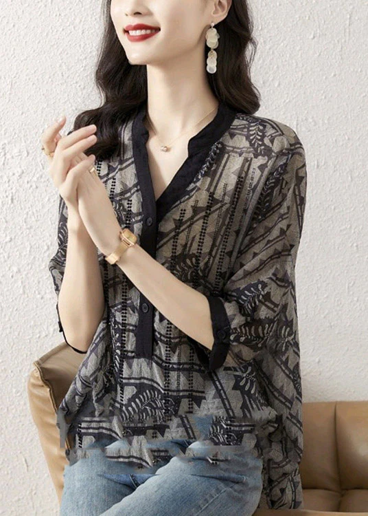 Loose V-Neck Printed Buttoned Real Top Half Sleeve