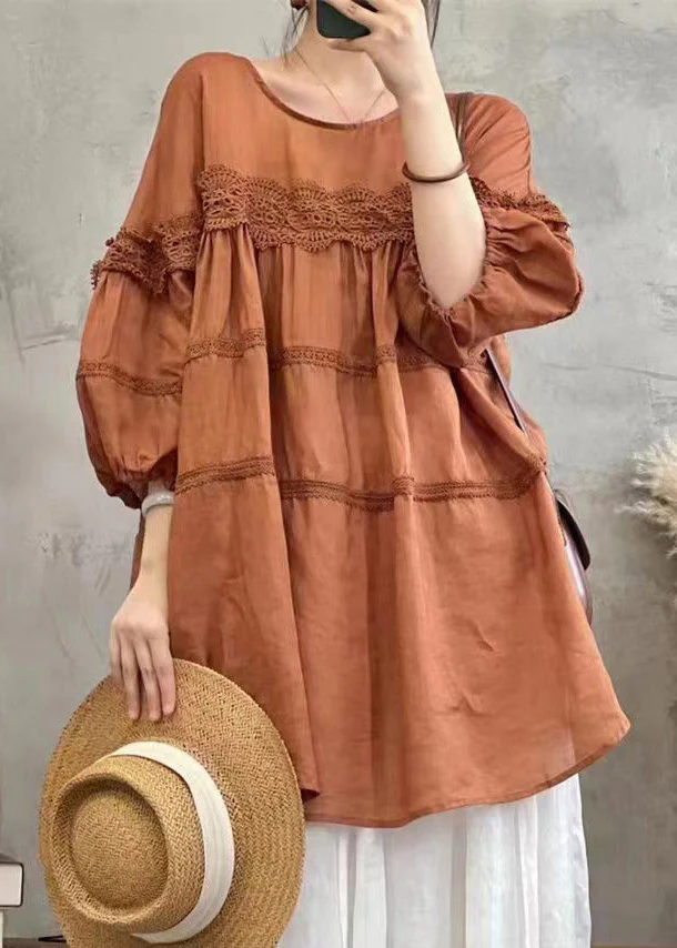 Elegant O Neck Lace Patchwork Cotton Short Sleeve Top