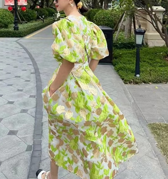 Elegant Green O Neck Embroidered Slim Tulle Short Sleeve Long Dress