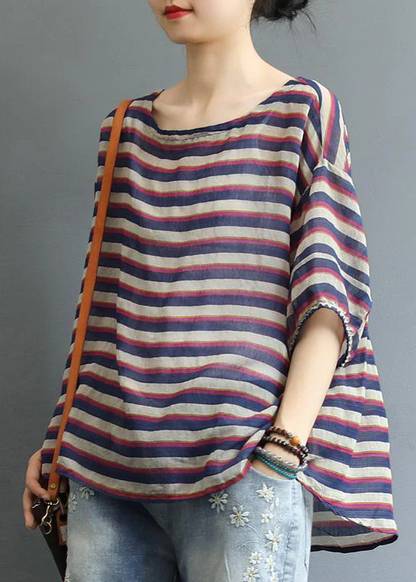 Colorblocked Striped O-Neck Asymmetric Design Printed Shirt Top