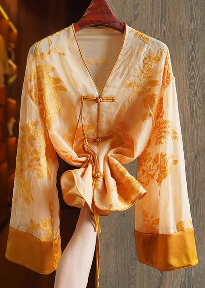 Chinese V-Neck Embroidered Button Silk Shirt Blouse