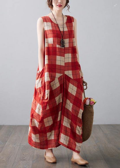 Casual Red Plaid Sleeveless Pocket Dress