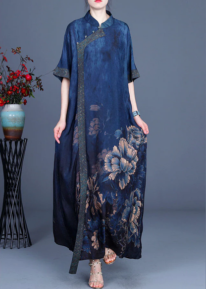 Elegant Printed Silk Half Sleeve Asymmetric Long Dress (Limited Stock)