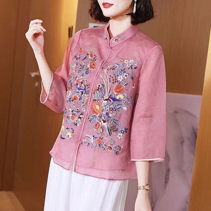 Fashion Floral Standing Collar Color Clash Cardigan Shirt Top