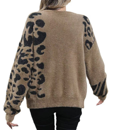 Loose Round Neck Leopard Print Long Sleeve Knitted Sweater