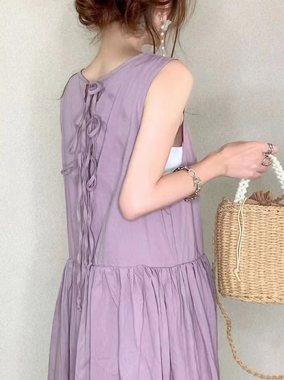 Loose Round Neck Shredded Pleat Sleeveless Long Dress