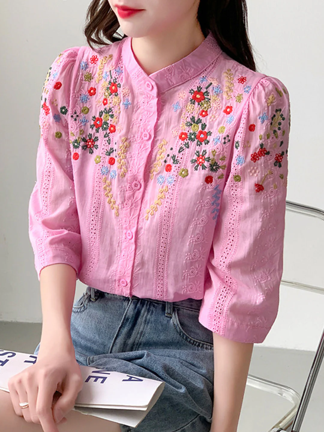 Elegant Embroidered Jacquard Short Sleeve Cardigan Shirt Top