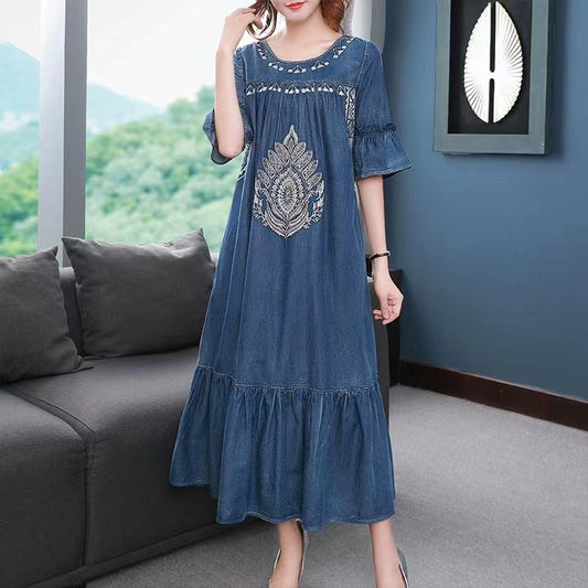 O Neck Embroidered Denim Short Sleeve Dress