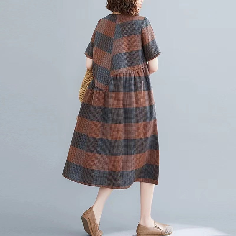 Fashion O Neck Plaid Long Dress Cotton Linen