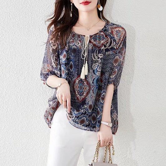 French Print Tie Short Sleeve Fringe Blouse Top