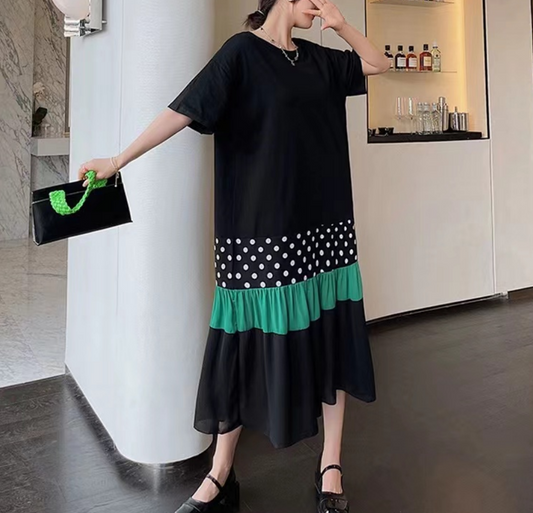 Round Neck Patchwork Color Block Short Sleeve Dress