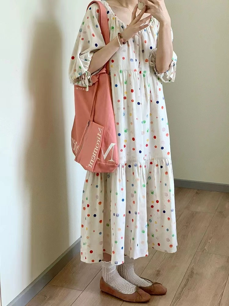 Colorful Polka Dot Drawstring Short Sleeve Dress