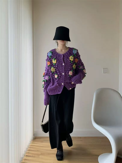 Elegant Crafted Cubic Floral Purple Knitted Sweater