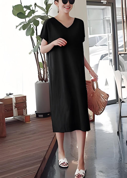 Casual Round Neck Side Split Cotton Summer Linen Black Dresses